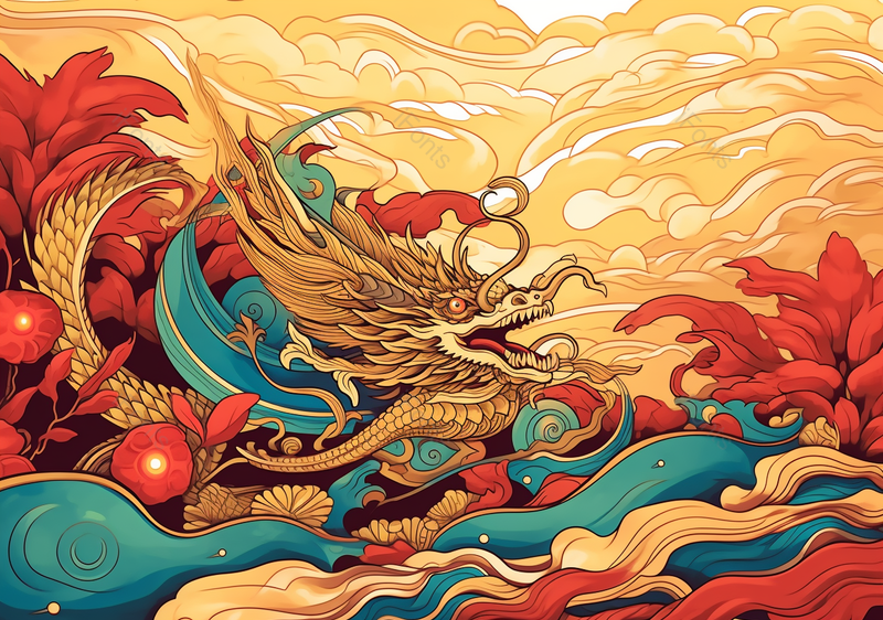 国潮祥龙古风节日背景插画背景,插画/手绘图,插画/手绘图库,插画/手绘图下载,插画/手绘